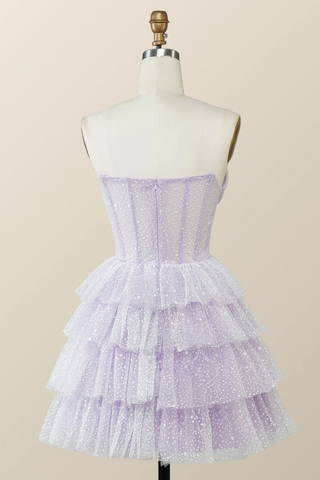 Vestido corto de fiesta de bienvenida color lavanda sin tirantes con cuello drapeado Y2780