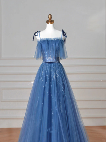 Vestido de fiesta azul con tirantes finos, tul y lentejuelas, corte en A, modelo Y8634