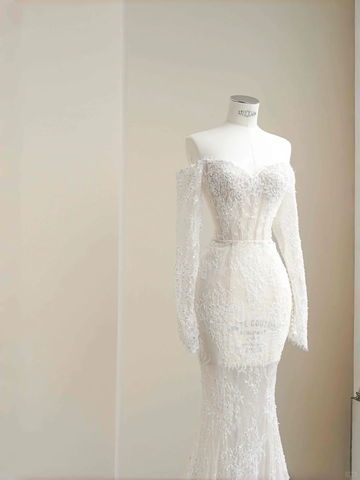 Vestido de noche de sirena con apliques de encaje blanco romántico, tul y lentejuelas, estilo años 8663