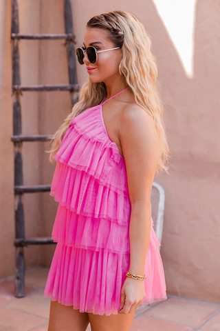 Vestido rosa de fiesta con espalda descubierta y escote halter con doble capa de malla superpuesta Y2569