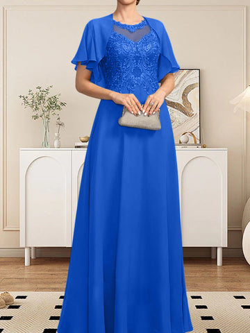 A-line Scoop Illusion Floor-Length Lace Chiffon Mother of the Bride Dress With Sequins
