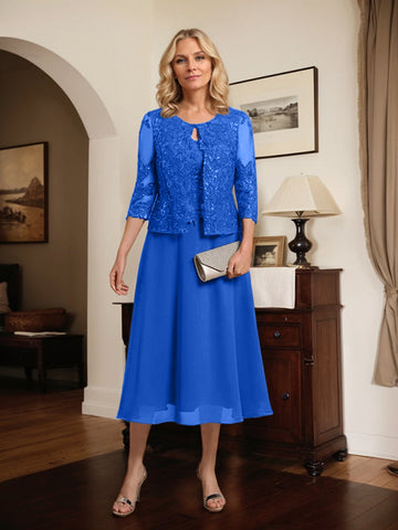 A-line Scoop Tea-Length Lace Chiffon Mother of the Bride Dress With Sequins