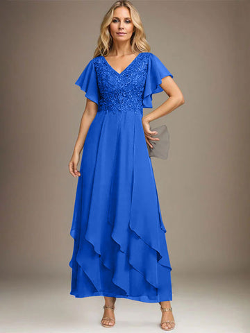 A-line V-Neck Ankle-Length Lace Chiffon Mother of the Bride Dress With Cascading Ruffles