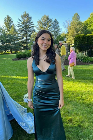 Vestido largo de noche formal para mujer, color verde azulado, con tirantes en la espalda, de satén, sin mangas, modelo Y2928