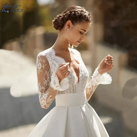 Robes de mariée élégantes pour femme, Vestidos De Novia, col en V, dentelle, manches longues, satin, robe de mariée dos illusion 