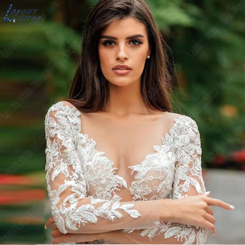 Robes de mariée gracieuses Bobo Illusion manches longues femmes appliqué dentelle robes de mariée Sexy Tulle 