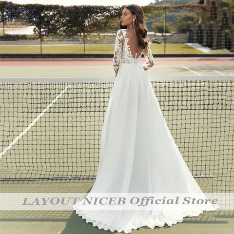 Robes de mariée en dentelle pour femmes, mousseline bohème, appliques, robes de mariée à manches courtes, robes de plage, Vestidos De Novia Casamento Civil 