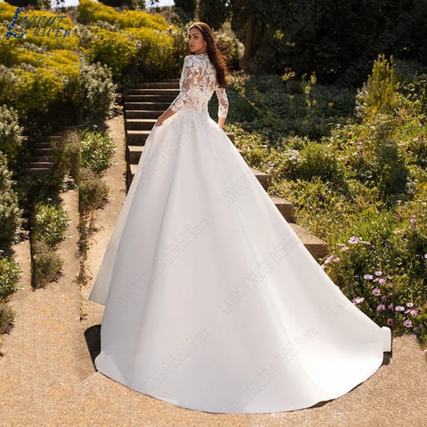 Robes de mariée pour femme, manches courtes en dentelle, robe de mariée luxueuse en satin illusion appliquée, Vestidos De Boda 2023 