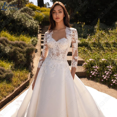 Robes de mariée pour femme, manches courtes en dentelle, robe de mariée luxueuse en satin illusion appliquée, Vestidos De Boda 2023 