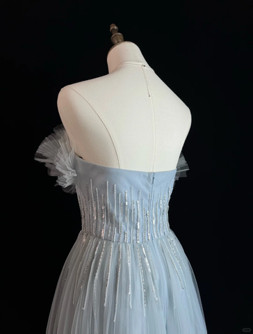 Vestido de fiesta de corte A, elegante, azul, de tul, con lentejuelas y cuentas, modelo Y8646