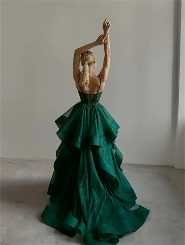 Vestido de noche brillante verde con corsé, corte en A, modelo Y6339