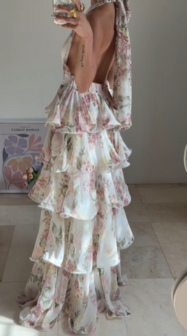 Vestido de fiesta glamuroso de gasa con estampado floral, corte en A, espalda descubierta, escote en V, cuello halter y capas, modelo Y8501