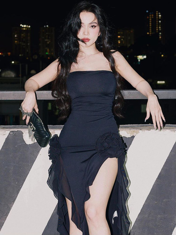 Vestido midi elegante de noche con volantes y mangas largas para mujer, estilo túnica, sexy y sexy, ideal para fiestas (modelo Y1896)