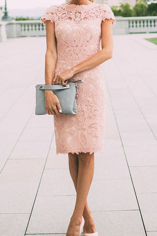 Vestidos cortos de fiesta rosas elegantes con mangas casquillo y encaje hasta la rodilla 