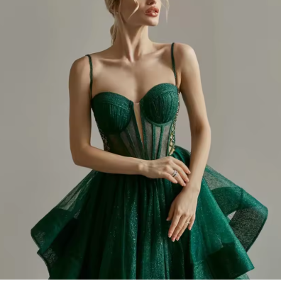 Vestido de noche brillante verde con corsé, corte en A, modelo Y6339