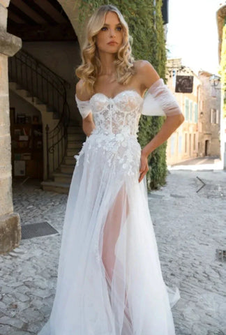 Lace Boho High Fork Wedding Dresses A Line Off The Shoulder Beach Sweetheart Bride Dresses Custom Made To Measures Floor Length