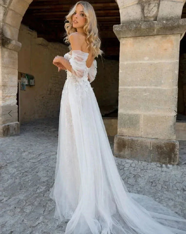 Lace Boho High Fork Wedding Dresses A Line Off The Shoulder Beach Sweetheart Bride Dresses Custom Made To Measures Floor Length