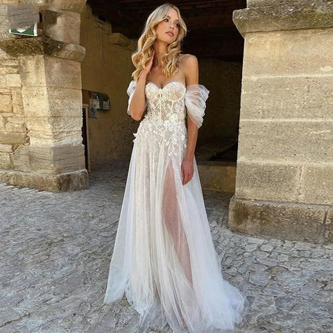 Lace Boho High Fork Wedding Dresses A Line Off The Shoulder Beach Sweetheart Bride Dresses Custom Made To Measures Floor Length