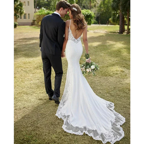 Lace Mermaid Wedding Dresses Sling Sexy V-Neck Women's Open Back Decal Sleeveless Button Long Bridal Gowns Church Sweeping Train