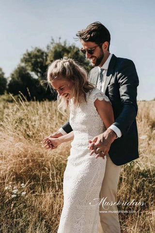 Lace Boho Mermaid Backless Cap Sleeve Bohemian Wedding Dresses MW265