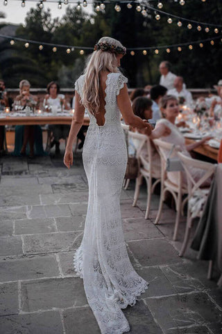 Lace Boho Mermaid Backless Cap Sleeve Bohemian Wedding Dresses MW265
