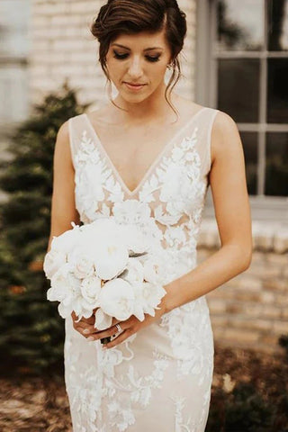 Lace Deep V-neck Bohemian Wedding Dress Mermaid Bridal Gown WD748