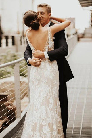 Lace Deep V-neck Bohemian Wedding Dress Mermaid Bridal Gown WD748