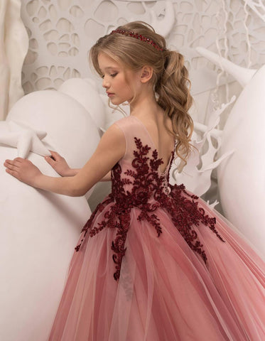 Lace Tulle Flower Girl Dresses for Wedding,Floral Lace Pageant Dress for Teens