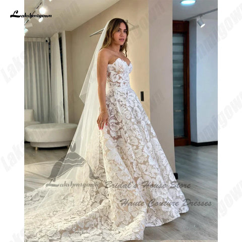 Lakshmigown Robe de mariée bohème en dentelle de luxe à épaules dénudées Robe de mariée scintillante Champagne Robe de mariée en cœur 
