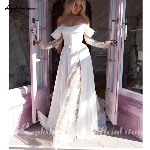 Lakshmigown Robe de mariée en satin plissé à épaules dénudées, manches longues en dentelle, coupe trapèze, traîne 