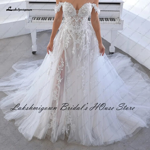 Lakshmigown Robe de mariée bohème à épaules dénudées en dentelle avec appliques, robe de mariée blanche en tulle, robe de princesse fendue sur le côté 