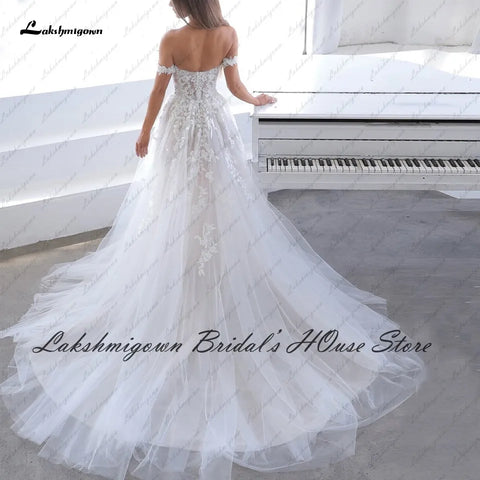 Lakshmigown Robe de mariée bohème à épaules dénudées en dentelle avec appliques, robe de mariée blanche en tulle, robe de princesse fendue sur le côté 