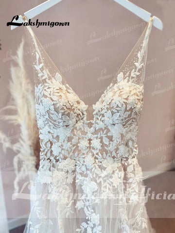 Vestido de novia Lakshmigown de tul fluido con escote en V y corpiño sin forro, vestido de novia para playa 