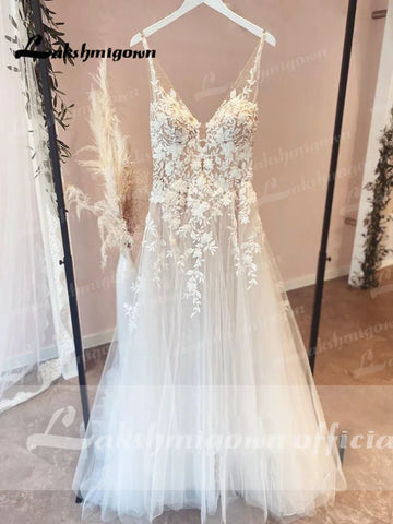 Vestido de novia Lakshmigown de tul fluido con escote en V y corpiño sin forro, vestido de novia para playa 