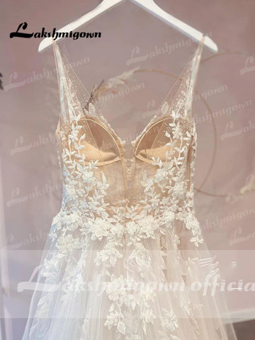 Vestido de novia Lakshmigown de tul fluido con escote en V y corpiño sin forro, vestido de novia para playa 