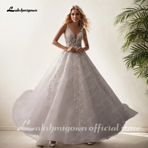 Lakshmigown – Robe de mariée sans manches à col en V pour femme, tenue de mariée romantique style bohème, avec perles et dentelle ivoire 