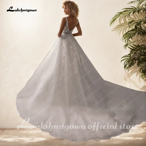 Lakshmigown – Robe de mariée sans manches à col en V pour femme, tenue de mariée romantique style bohème, avec perles et dentelle ivoire 
