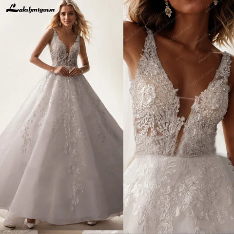 Lakshmigown – Robe de mariée sans manches à col en V pour femme, tenue de mariée romantique style bohème, avec perles et dentelle ivoire 
