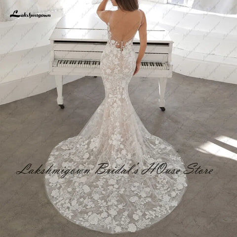 Lakshmigown Robe de mariée sirène 2 en 1 en dentelle vintage, robe de mariée sexy dos nu, jupe amovible 