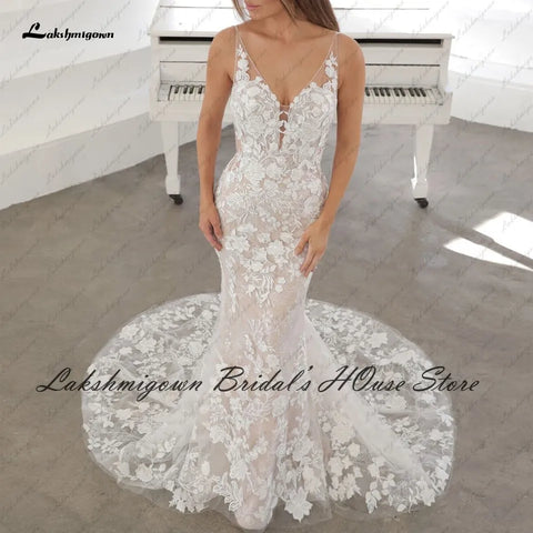 Lakshmigown Robe de mariée sirène 2 en 1 en dentelle vintage, robe de mariée sexy dos nu, jupe amovible 