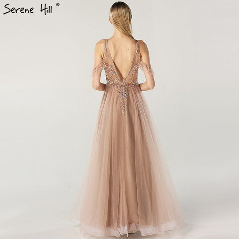 On Sale No Return No Refund Sale Latest Design O-Neck Beading Diamonds Evening Dresses 2025 Off Shoulder Sexy Tulle Evening Gowns LA6533