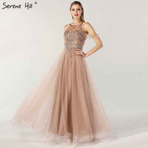 On Sale No Return No Refund Sale Latest Design O-Neck Beading Diamonds Evening Dresses 2025 Off Shoulder Sexy Tulle Evening Gowns LA6533