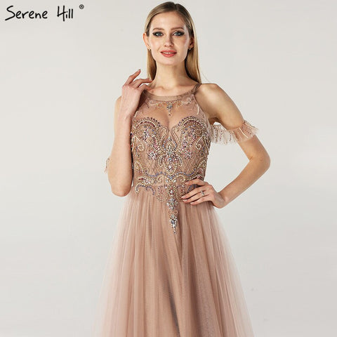 On Sale No Return No Refund Sale Latest Design O-Neck Beading Diamonds Evening Dresses 2025 Off Shoulder Sexy Tulle Evening Gowns LA6533