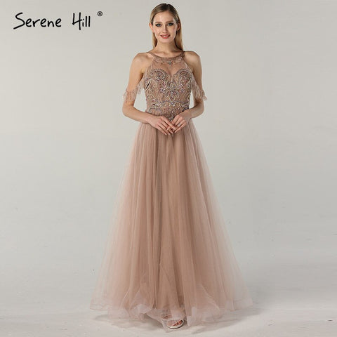 On Sale No Return No Refund Sale Latest Design O-Neck Beading Diamonds Evening Dresses 2025 Off Shoulder Sexy Tulle Evening Gowns LA6533