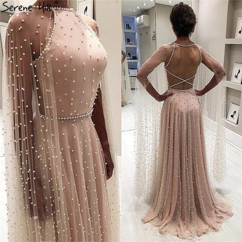 On Sale no return no refundSale Latest Design Pink Backless Sexy Evening Dresses 2025 Pearls Sleeveless shawl Evening Gowns LA60917
