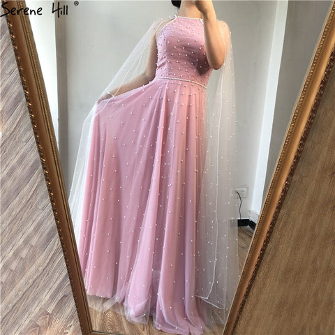 On Sale no return no refundSale Latest Design Pink Backless Sexy Evening Dresses 2025 Pearls Sleeveless shawl Evening Gowns LA60917