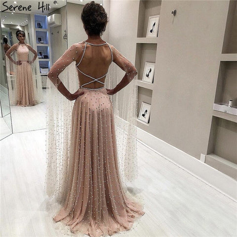 On Sale no return no refundSale Latest Design Pink Backless Sexy Evening Dresses 2025 Pearls Sleeveless shawl Evening Gowns LA60917