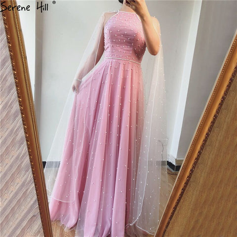 On Sale no return no refundSale Latest Design Pink Backless Sexy Evening Dresses 2025 Pearls Sleeveless shawl Evening Gowns LA60917