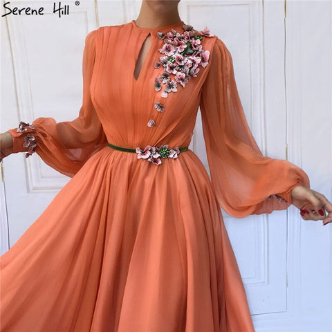Latest Peach Lantern Long Sleeves Evening Dresses Design 2025 Flowers Diamond A-Line Formal Dress LA70022