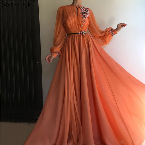 Latest Peach Lantern Long Sleeves Evening Dresses Design 2025 Flowers Diamond A-Line Formal Dress LA70022